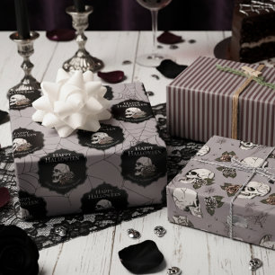 Gothic Taupe Floral Skulls and Stripes Halloween  Wrapping Paper Sheets