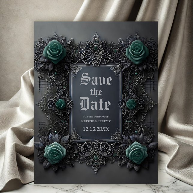 Gothic Teal Blue Roses on Gray Save the Date Announcement Postcard (Gothic Teal Roses on Dark Gray Wedding Save the Date)