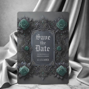 Gothic Teal Gray Floral Wedding Save the Date
