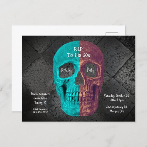 Gothic Teal Half Skull Birthday RIP To His 20s Invitation Postcard
