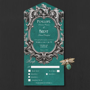 Gothic Teal Moody Victorian Frame Dinner All In One Invitation