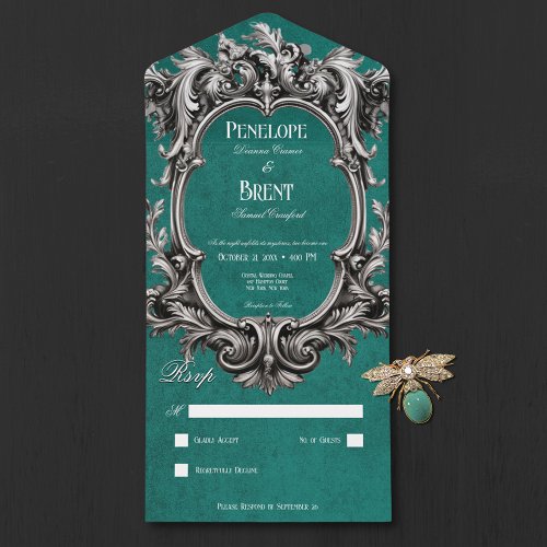 Gothic Teal Moody Victorian Frame No Dinner All In One Invitation