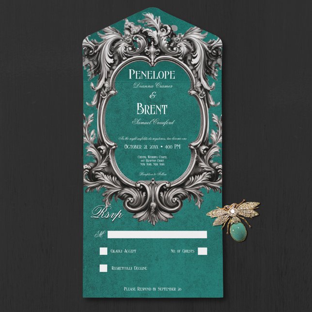 Gothic Teal Moody Victorian Frame No Dinner All In One Invitation (Gothic Teal Moody Victorian Frame No Dinner All In One Invitation)
