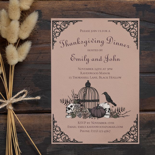 Gothic Thanksgiving Dinner Skulls, Pumpkin, Raven Invitation (Gothic Thanksgiving Dinner Vintage Rose Invite. Hand-Drawn Skulls Roses Birdcage Pumpkin Fall Leaves)
