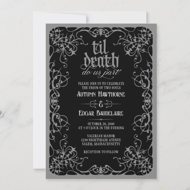 Gothic Til Death Gray Black Wedding Invitation (Front)