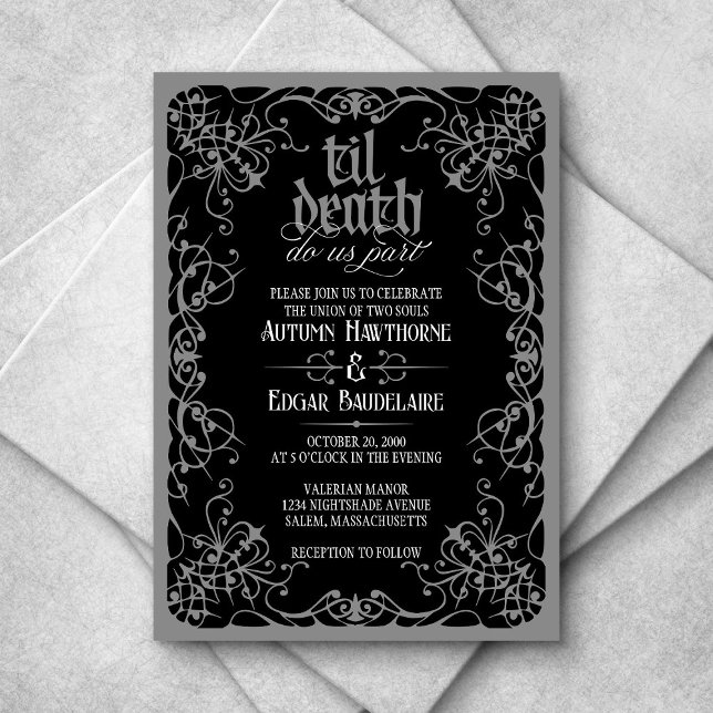Gothic Til Death Gray Black Wedding Invitation (Creator Uploaded)