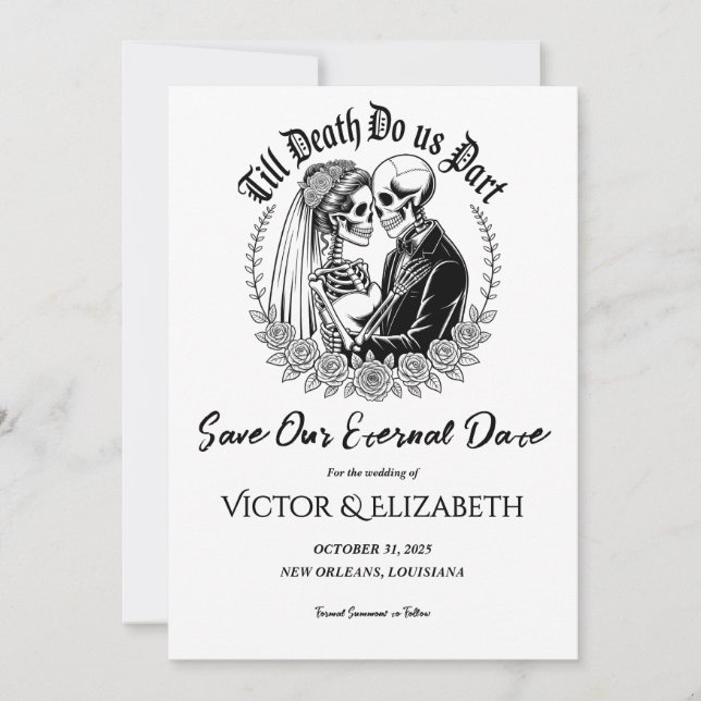 Gothic Till Death Do Us Part Skeleton Wedding Save The Date (Front)