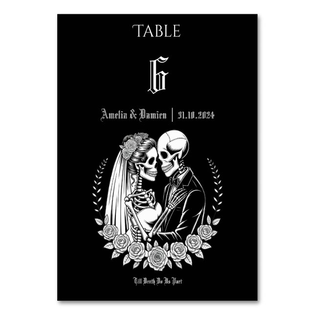 Gothic Till Death Skeleton Couple Floral Wedding Table Number (Front)