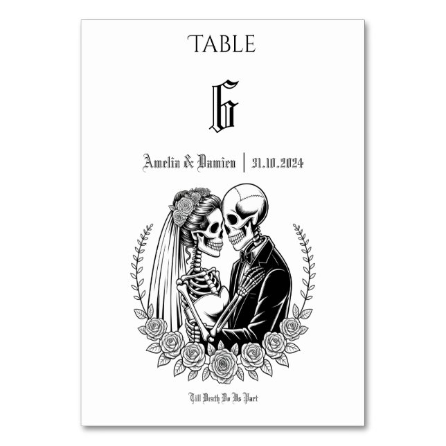 Gothic Till Death Skeleton Couple Floral Wedding Table Number (Front)