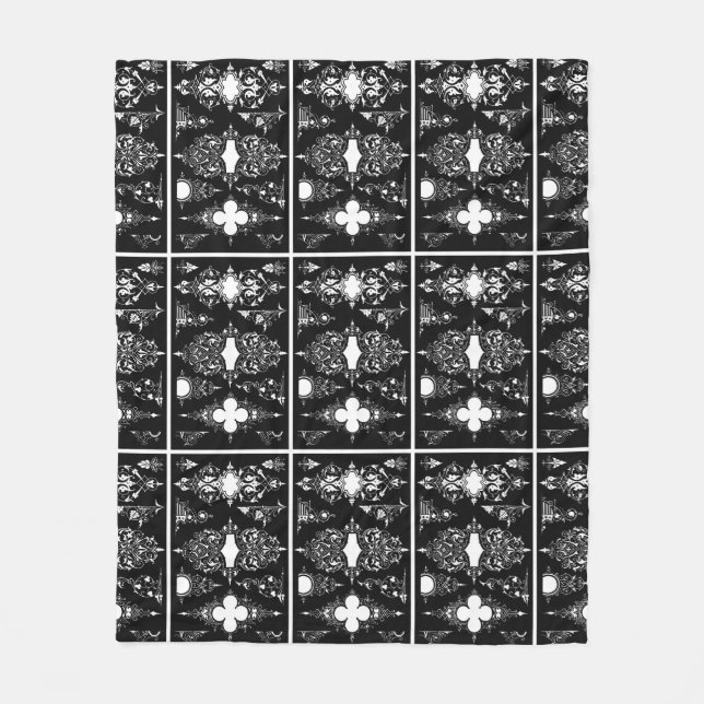 Gothic trim antique ornate header trim black white fleece blanket (Front)