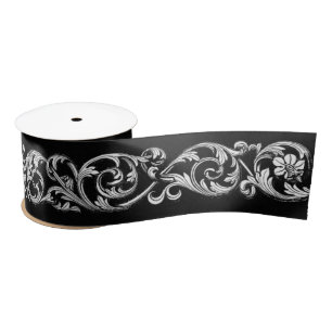 Gothic trim black and white ornamental scroll satin ribbon