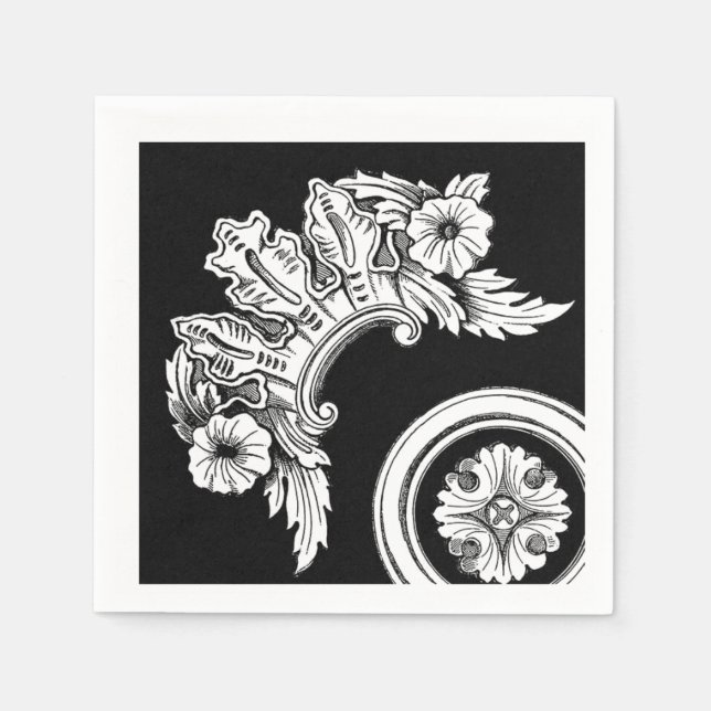 Gothic trim flower medallion antique black white napkins (Front)