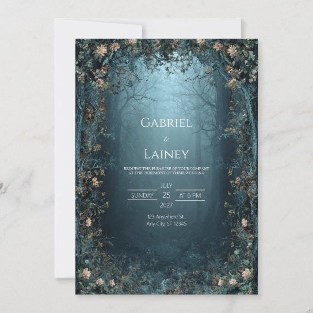 Gothic Twilight Forest Archway Peach Floral Misty Invitation (Front)
