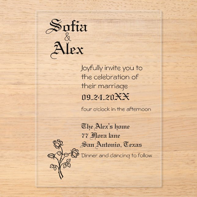 Gothic typography black wedding  acrylic invitations (Front)