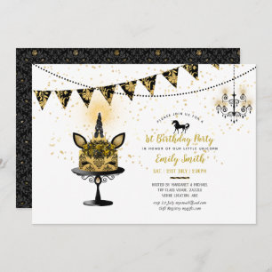 Gothic Unicorn 1st Birthday Invites Black Gold