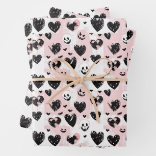 Gothic Valentine Black and Pink Hearts Wrapping Paper Sheets