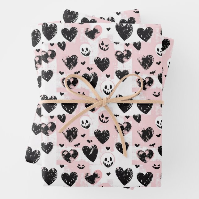 Gothic Valentine Black and Pink Hearts  Wrapping Paper Sheets (In situ)