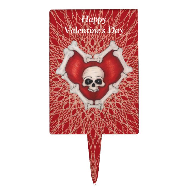 Gothic Valentine Red Heart of Bones Skull Spirals Cake Topper (Front)
