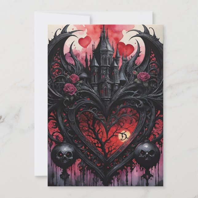 Gothic Valentine Red Hearts Black Castle Holiday Card (Front)