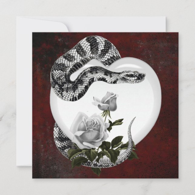 Gothic Valentine Snake Heart & White Roses Holiday Card (Front)