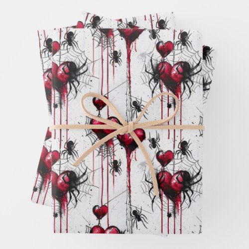 Gothic Valentine Spooky Spider Web with Hearts Wrapping Paper Sheets