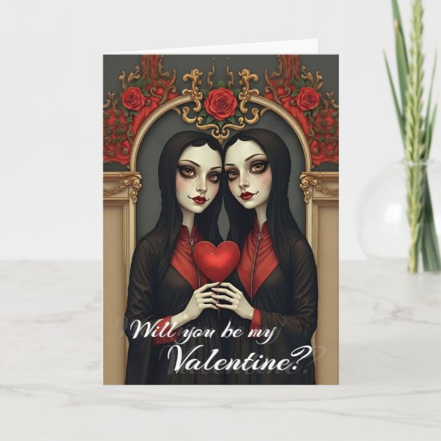Gothic Valentine Twins with Red Heart Card (Front)