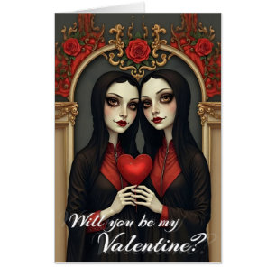 Gothic Valentine Twins with Red Heart Card