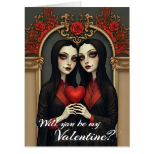 Gothic Valentine Twins with Red Heart Card