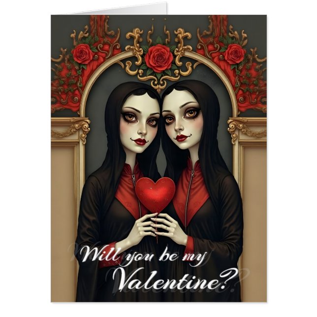 Gothic Valentine Twins with Red Heart Card (Front)