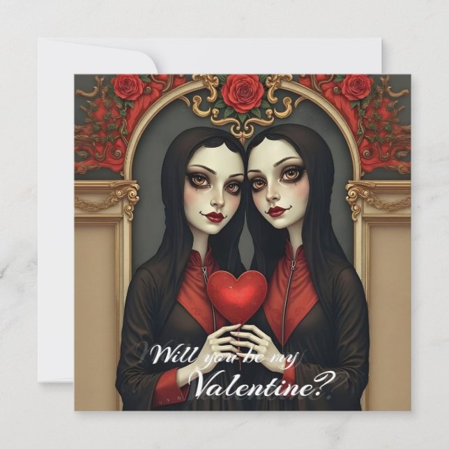 Gothic Valentine Twins with Red Heart Note Card (Front)