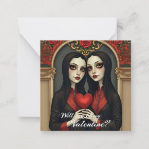 Gothic Valentine Twins with Red Heart Note Card
