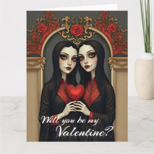 Gothic Valentine Twins with Red Heart Thank You Card