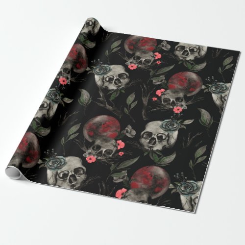 Gothic Valentines Day Red Black Roses Skulls Wrapping Paper