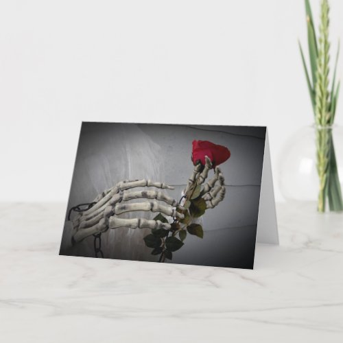 Gothic Valentines day skeleton holding a rose Holiday Card