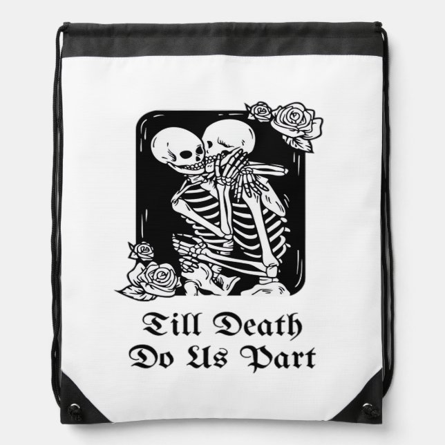 Gothic Valentines Day Till Death Do Us Part Skelet Drawstring Bag (Front)