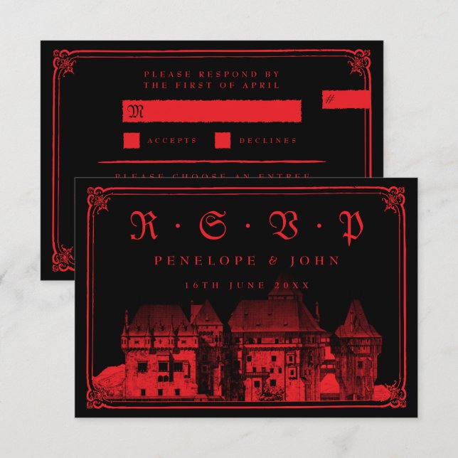 Gothic Vampire Castle Black Red Entree Wedding RSVP Card (Front/Back)