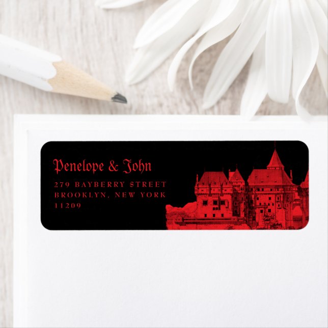 Gothic Vampire Castle Black Red Wedding Label (Insitu)