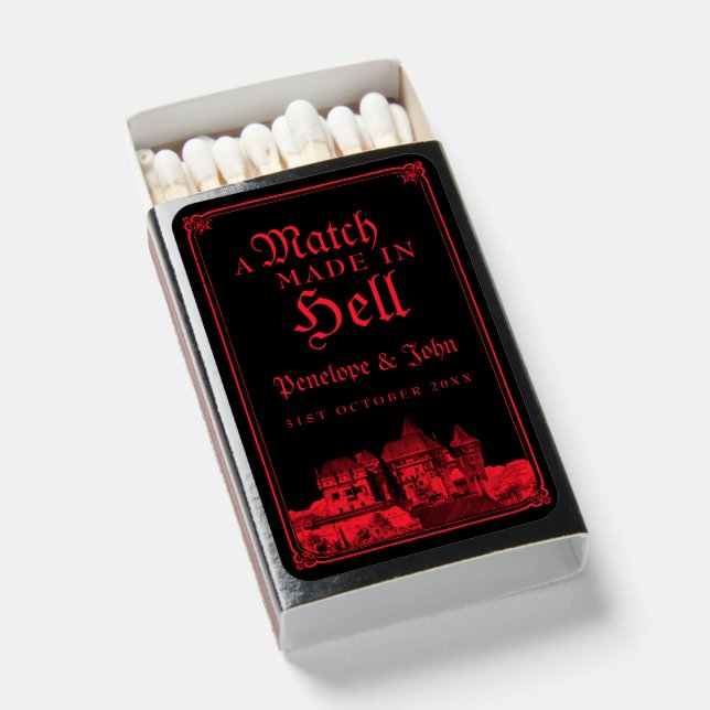 Gothic Vampire Castle Black Red Wedding Matchboxes (Front Open)
