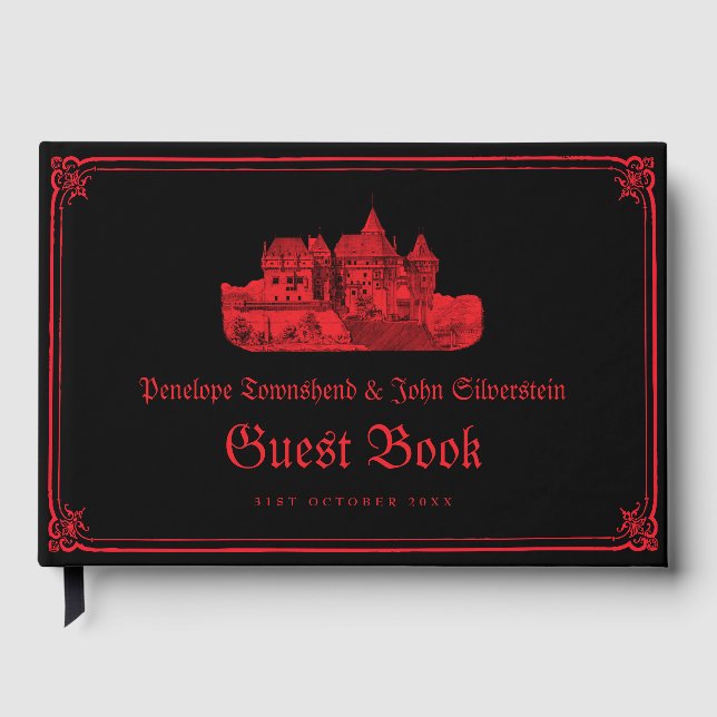 Gothic Vampire Castle Border Black Red Wedding Guest Book (Front)