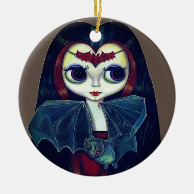 Gothic Vampire Girl with Bat Big Eyes Cute Ceramic Ornament (Front)
