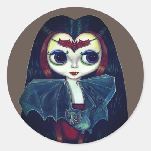 Gothic Vampire Girl with Bat Big Eyes Cute Classic Round Sticker