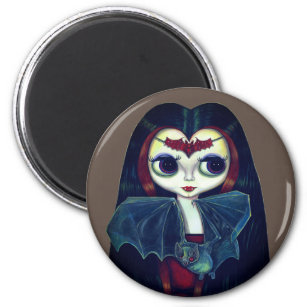 Gothic Vampire Girl with Bat Big Eyes Cute Magnet