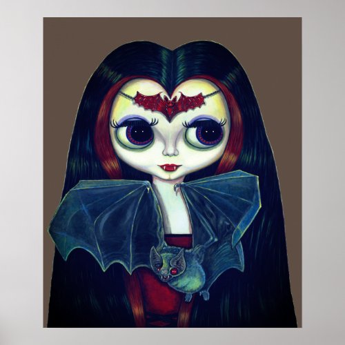 Gothic Vampire Girl with Bat Big Eyes Cute Poster