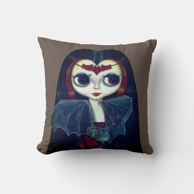 Gothic Vampire Girl with Bat Big Eyes Cute Throw Pillow (Front)