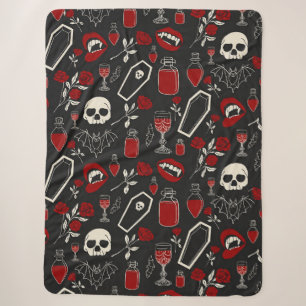 Gothic Vampire Pattern Red Roses Bats Skulls & P Sherpa Blanket
