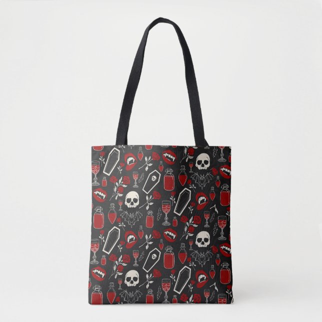 Gothic Vampire Pattern | Red Roses Bats Skulls & P Tote Bag (Front)