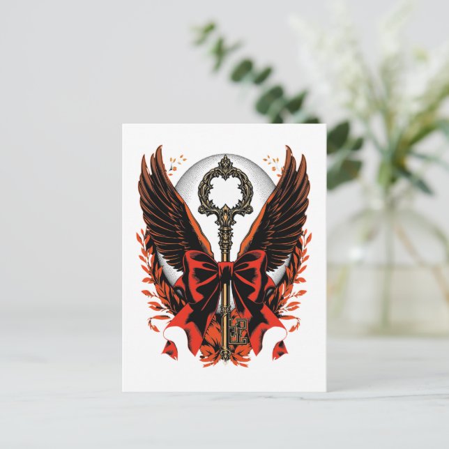 Gothic Velvet Bow Key with Wings & Moon Announcement Postcard (Standing Front)