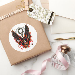 Gothic Velvet Bow Key with Wings & Moon Classic Round Sticker