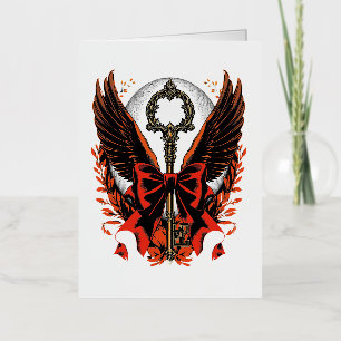 Gothic Velvet Bow Key with Wings & Moon Foil Holiday Card