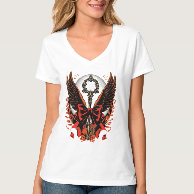 Gothic Velvet Bow Key with Wings & Moon T-Shirt (Front)